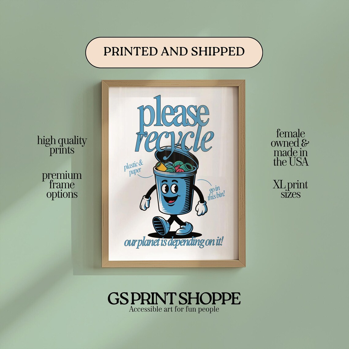 Please Recycle Retro Cartoon Trash Bin Quote Art Print Eco Friendly Gift