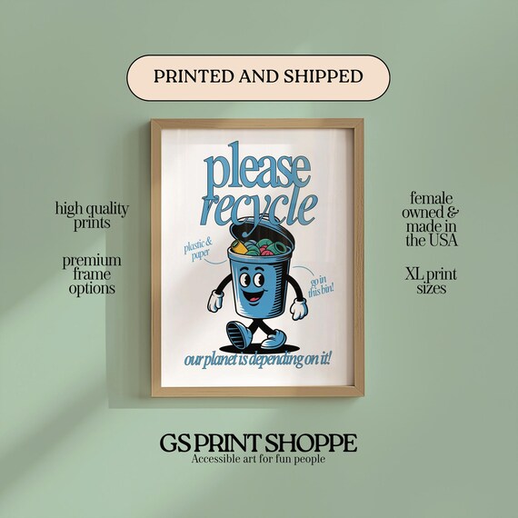 Please Recycle Retro Cartoon Trash Bin Quote Art Print Eco Friendly Gift