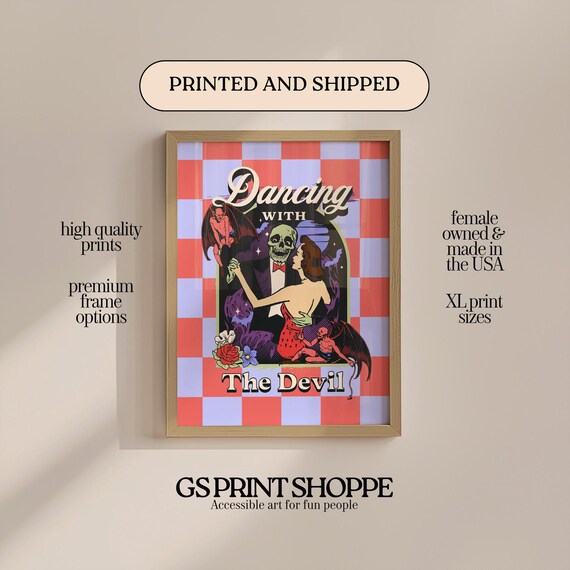 Dancing with the Devil Retro Checkered Skeleton Dance Art Print