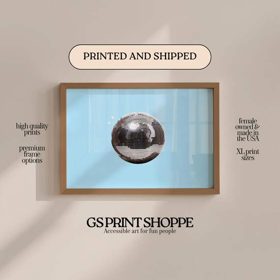 Silver Disco Ball On Light Blue Retro Party Mirror Ball Art Poster
