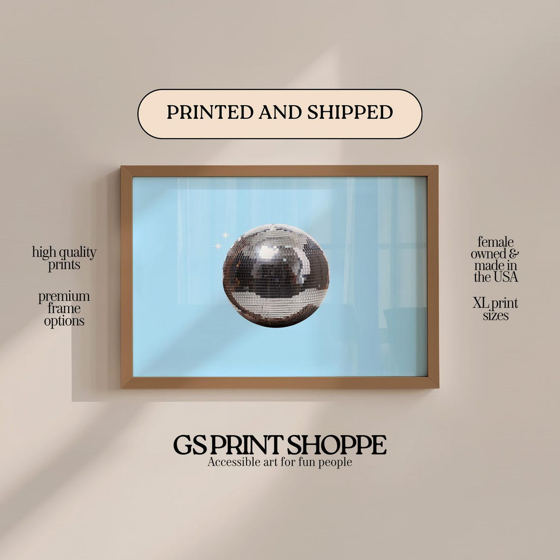 Silver Disco Ball On Light Blue Retro Party Mirror Ball Art Poster