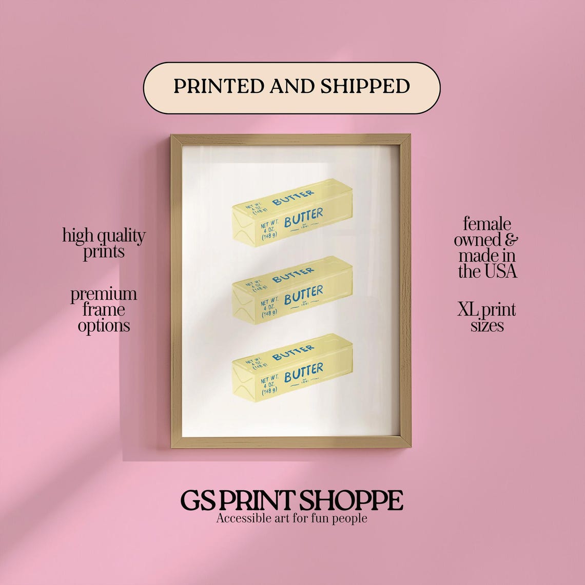 Three Butter Sticks Retro Kitchen Quirky Yellow Food Wall Art