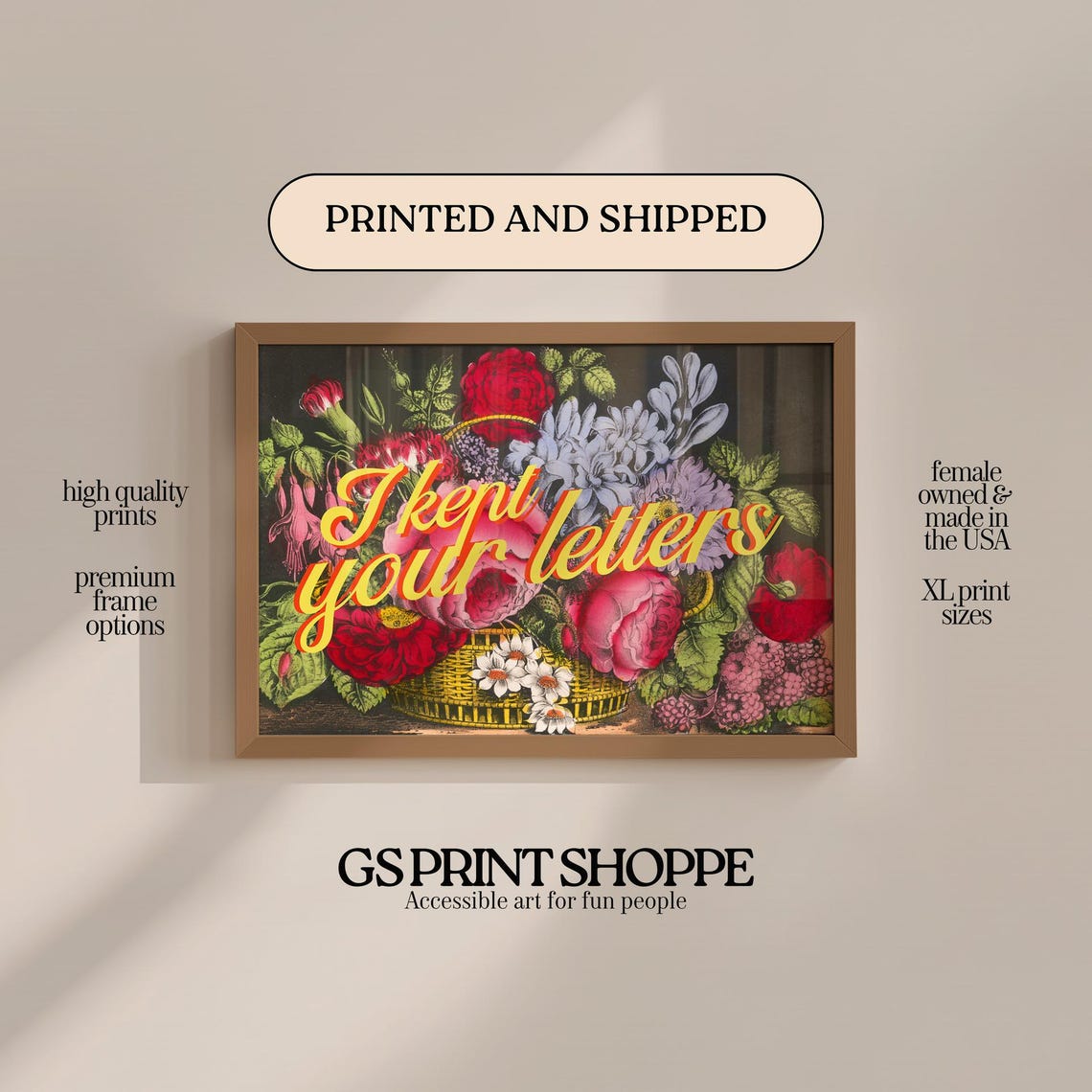 I Kept Your Letters Script Quote Vintage Floral Basket Roses Poster