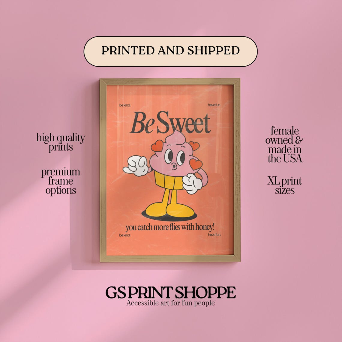 Be Sweet Retro Ice Cream Cartoon Kindness Quote Poster Orange Design