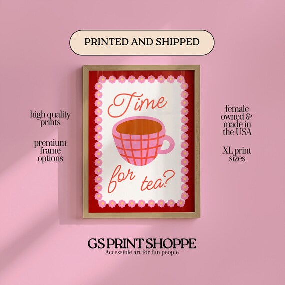 Time For Tea Pink Gingham Teacup Floral Retro Kitchen Poster