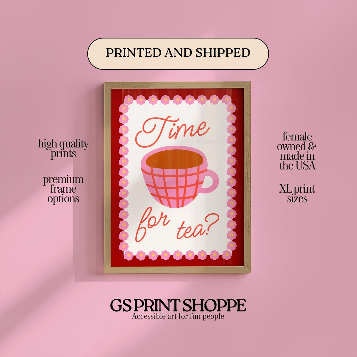 Time For Tea Pink Gingham Teacup Floral Retro Kitchen Poster