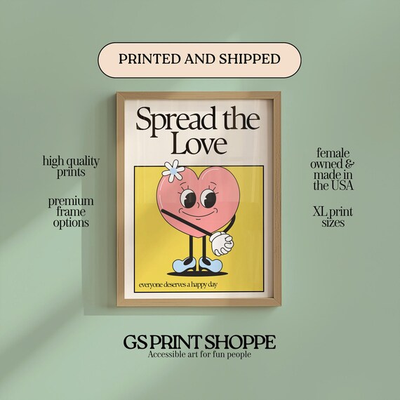 Spread the Love Retro Smiling Cartoon Heart Positivity Quote Poster