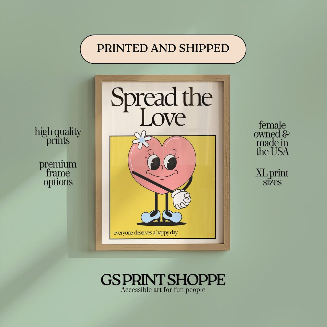 Spread the Love Retro Smiling Cartoon Heart Positivity Quote Poster