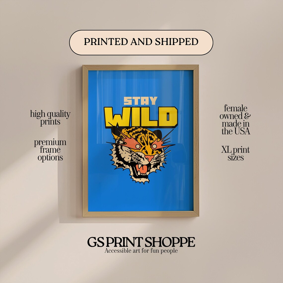 Stay Wild Roaring Tiger Head Bold Blue Retro Graphic Art Print