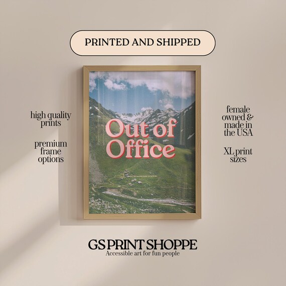 Out of Office Pink Retro Typography Mountain Landscape Poster