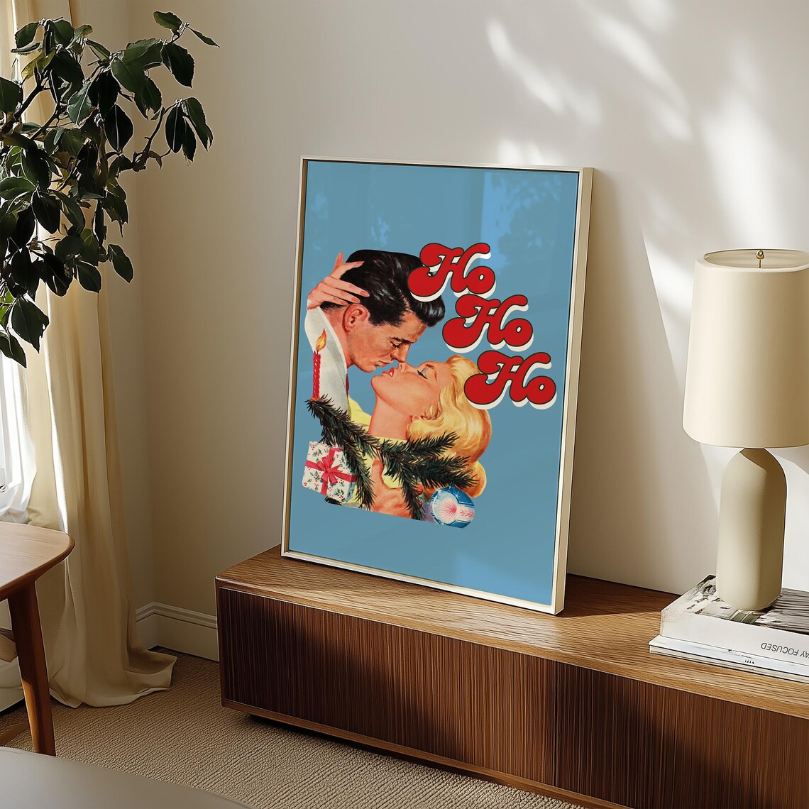 Ho Ho Ho Retro Couple Kiss Mistletoe Vintage Christmas Love Poster - Image 2