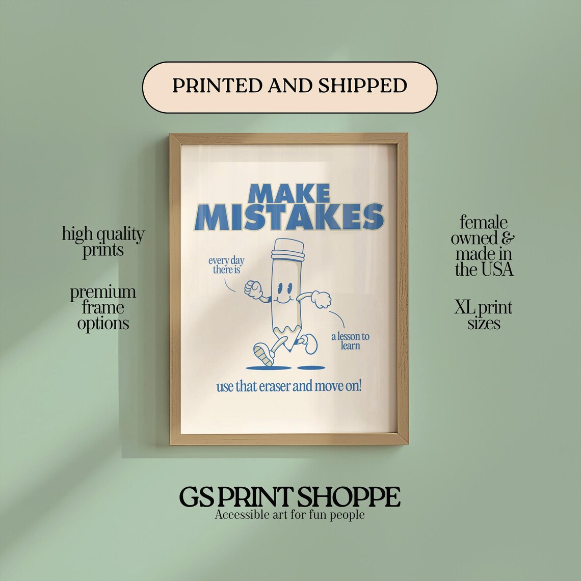 Make Mistakes Blue Pencil Cartoon Character Motivational Poster