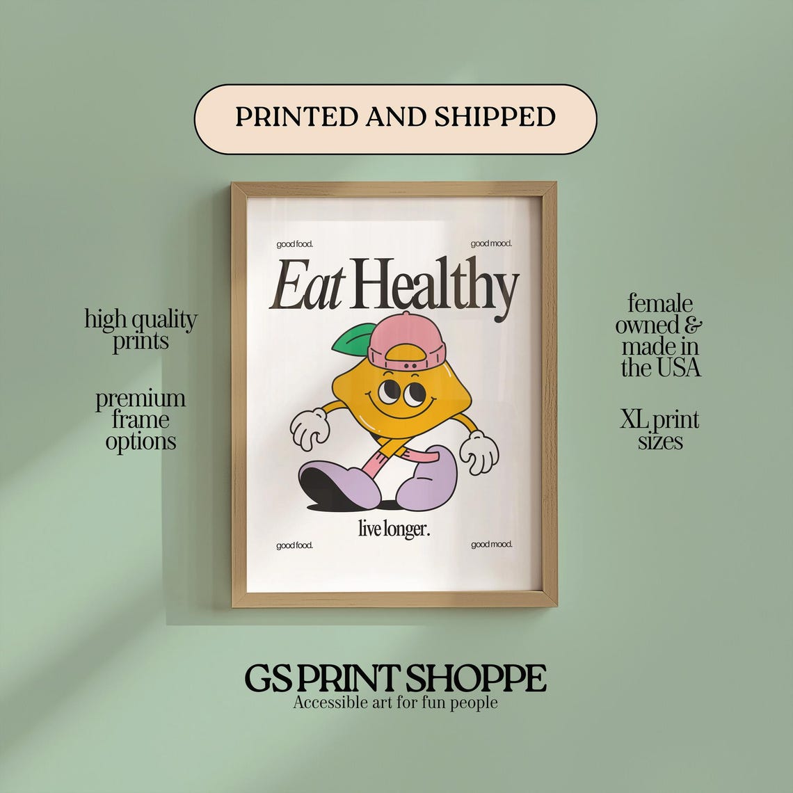 Eat Healthy Live Longer Poster Retro Lemon Mascot Kitchen Decor