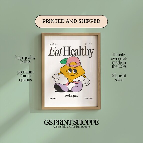 Eat Healthy Live Longer Poster Retro Lemon Mascot Kitchen Decor