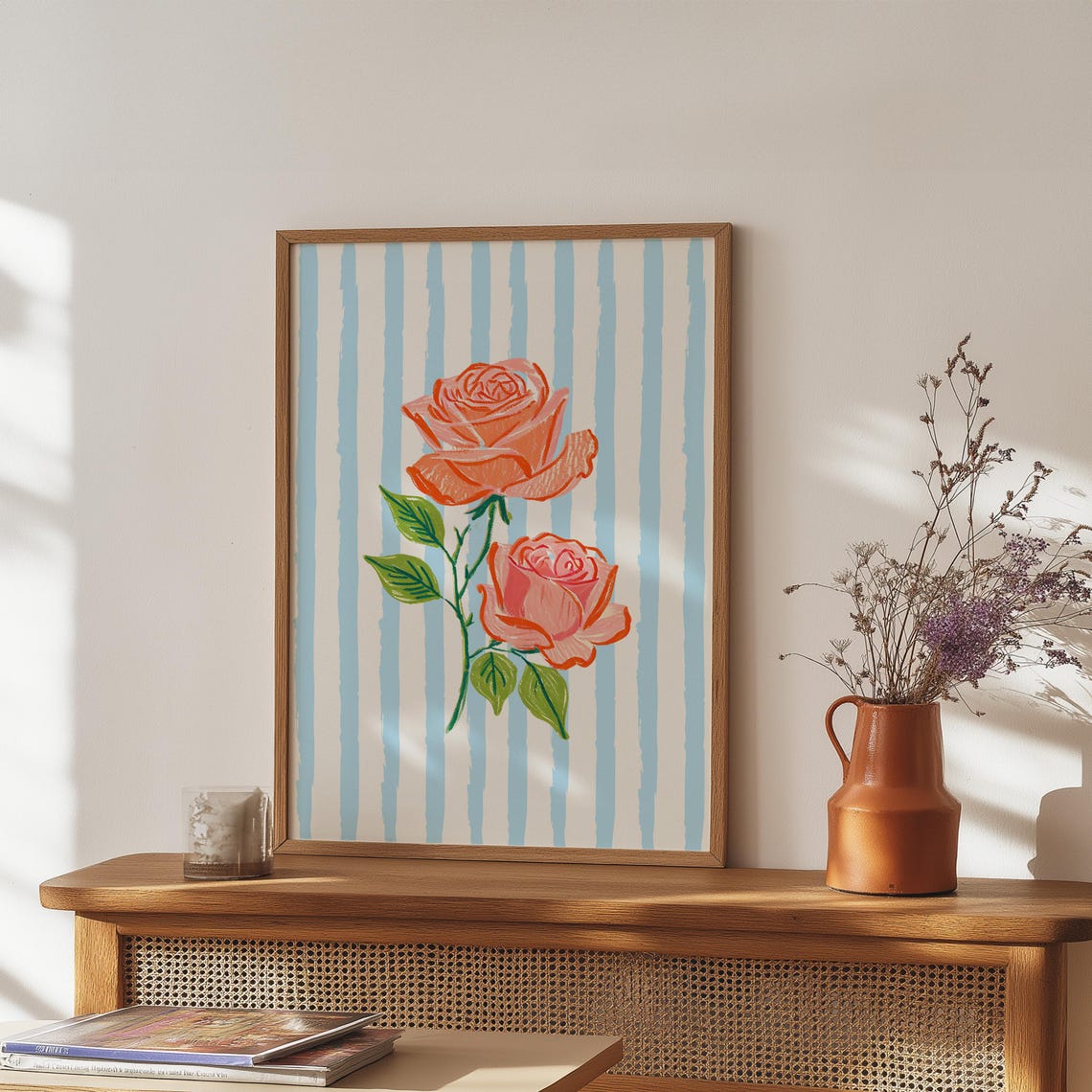 Coral Rose Pair Poster Hand Drawn Floral Blue Stripe Decor Art