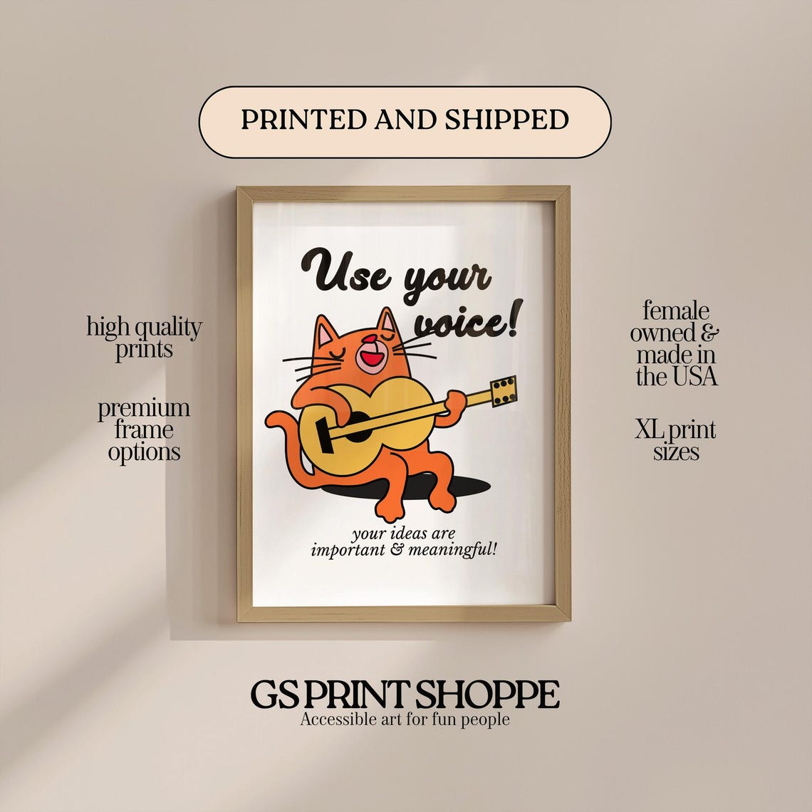 Use Your Voice Orange Cat Playing Guitar Retro Encouragement Wall Art