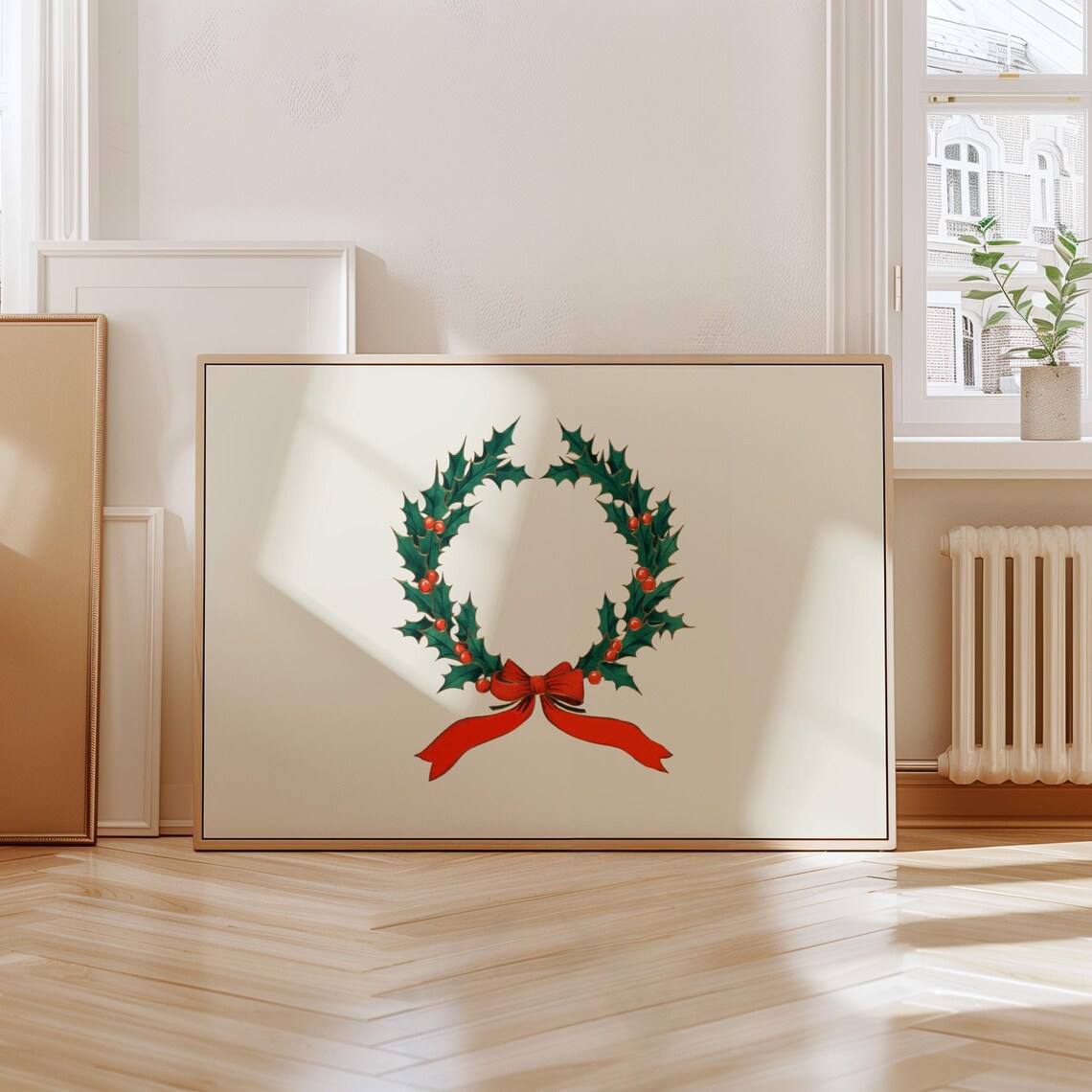 Holly Wreath Red Bow Minimalist Cream Vintage Christmas Botanical Poster