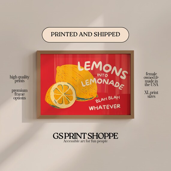 Lemons Into Lemonade Red Poster Funny Quote Retro Kitchen Sassy Citrus Sign