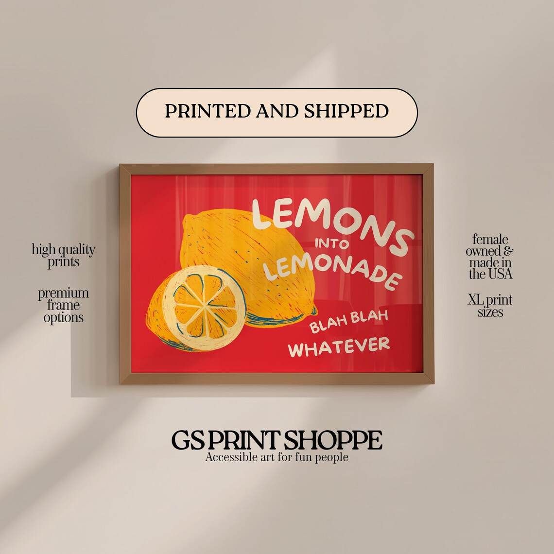 Lemons Into Lemonade Red Poster Funny Quote Retro Kitchen Sassy Citrus Sign