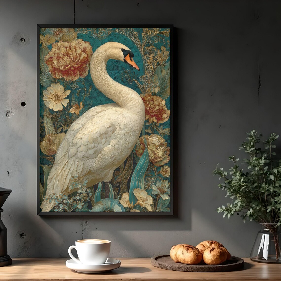 Art Nouveau Swan Vintage Botanical Bird Art Print