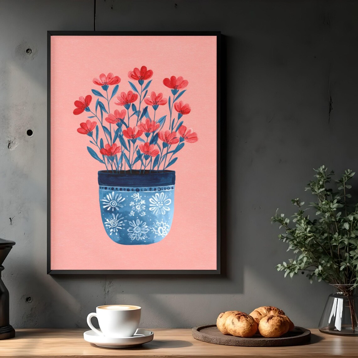 Red Wildflowers in a Blue Folk Vase Scandinavian Botanical Print