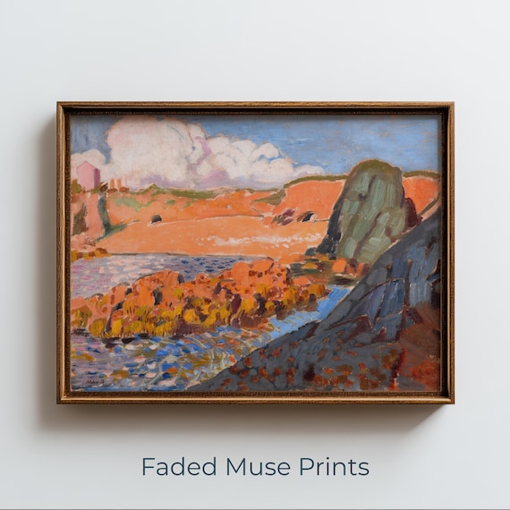 Vintage Coastal Landscape Print Impressionist Cliffside Ocean View