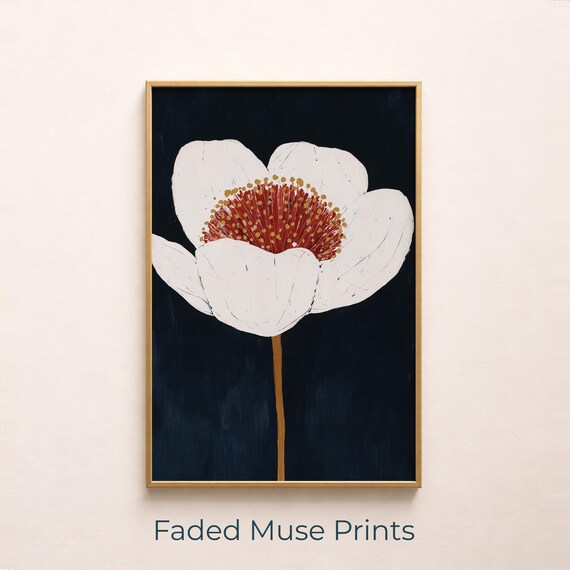 Oversized White Flower On Navy Minimalist Botanical Wall Poster