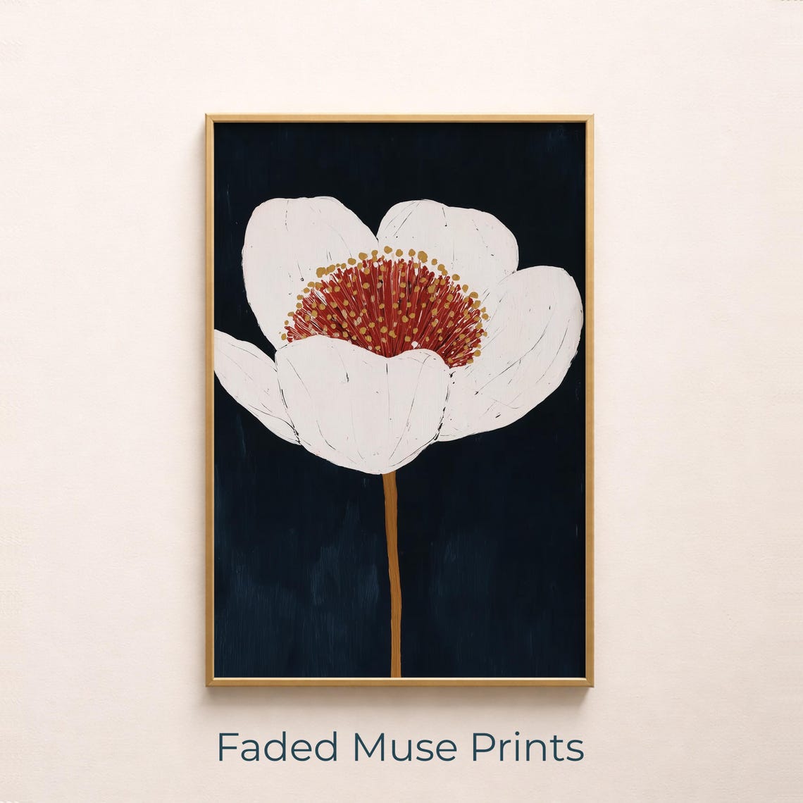 Oversized White Flower On Navy Moody Farmhouse Botanical Print Digital Download 653