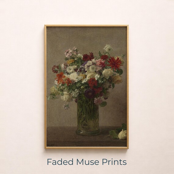 Vintage Floral Bouquet In Glass Vase Moody Botanical Still Life Print
