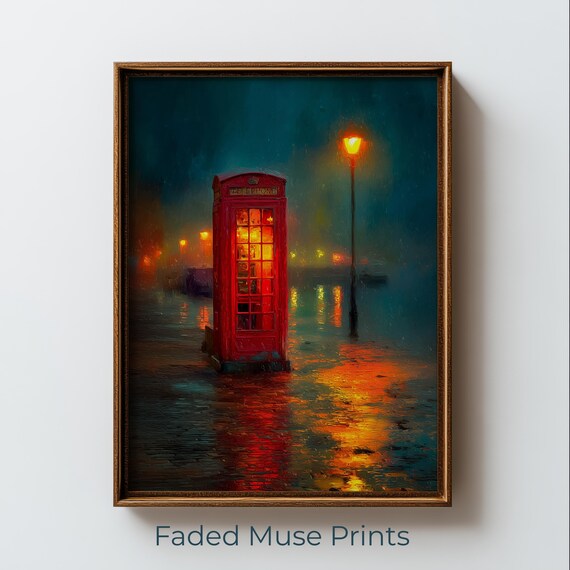 Red British Telephone Booth on a Rainy London Night Moody Art Print