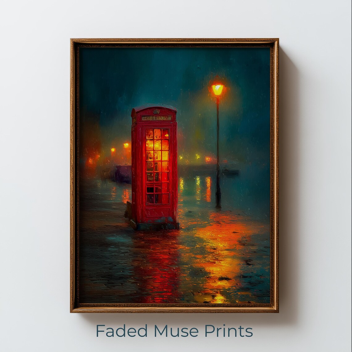 Red British Telephone Booth on a Rainy London Night Moody Art Print