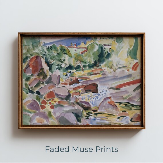 Rocky Stream Landscape, Rustic Impressionist Art