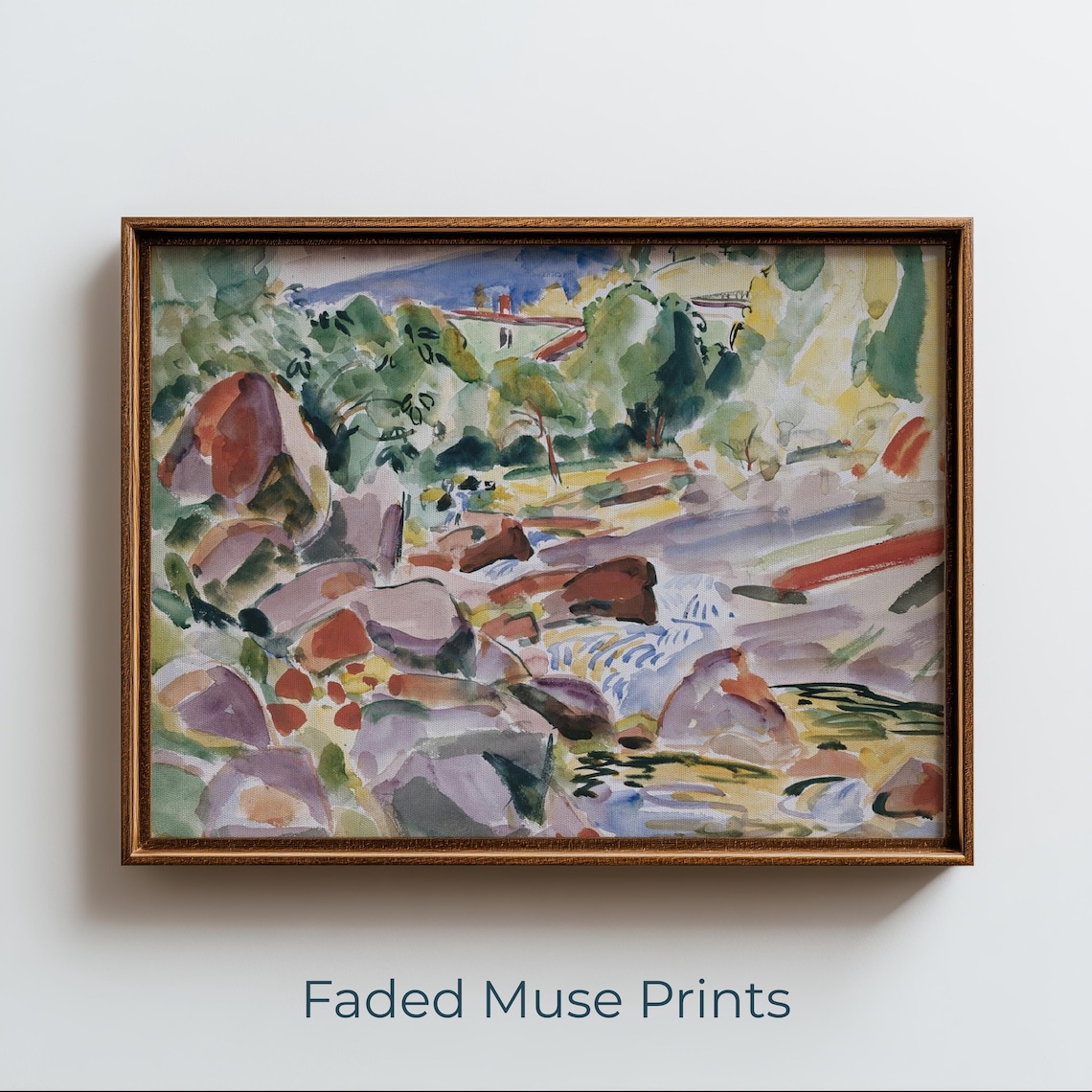 Rocky Stream Landscape, Rustic Impressionist Art
