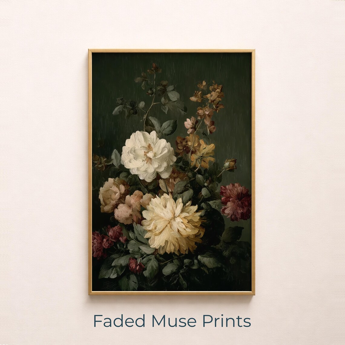 Moody Vintage Floral Still Life with Roses Peonies Art Poster