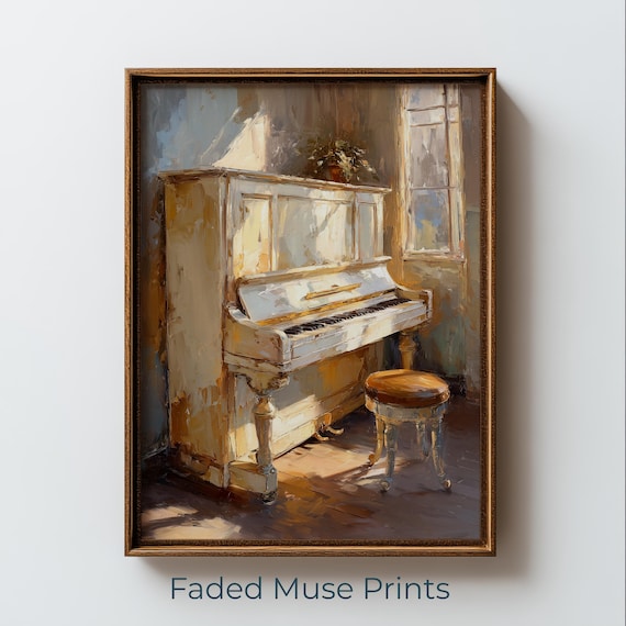 Sunlit Vintage Piano Painting Cozy Rustic Home Decor Warm Impressionist Art Digital Download 2494
