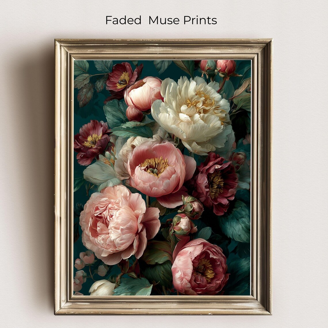 Moody Peony Bouquet Vintage Floral Art Print