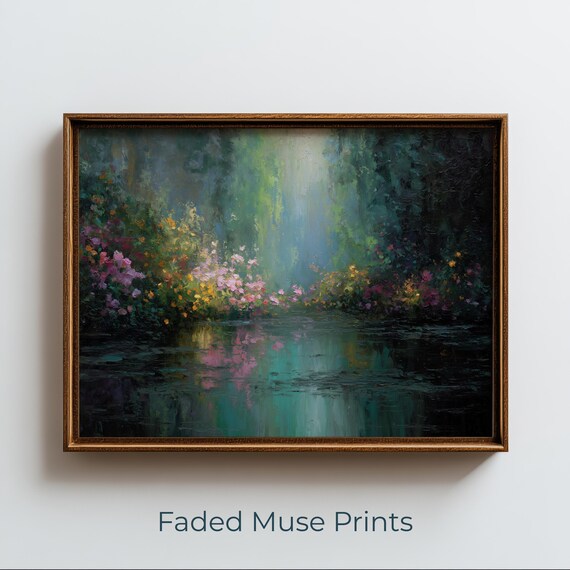 Dark Moody Water Lily Pond Impressionist Floral Painting Poster
