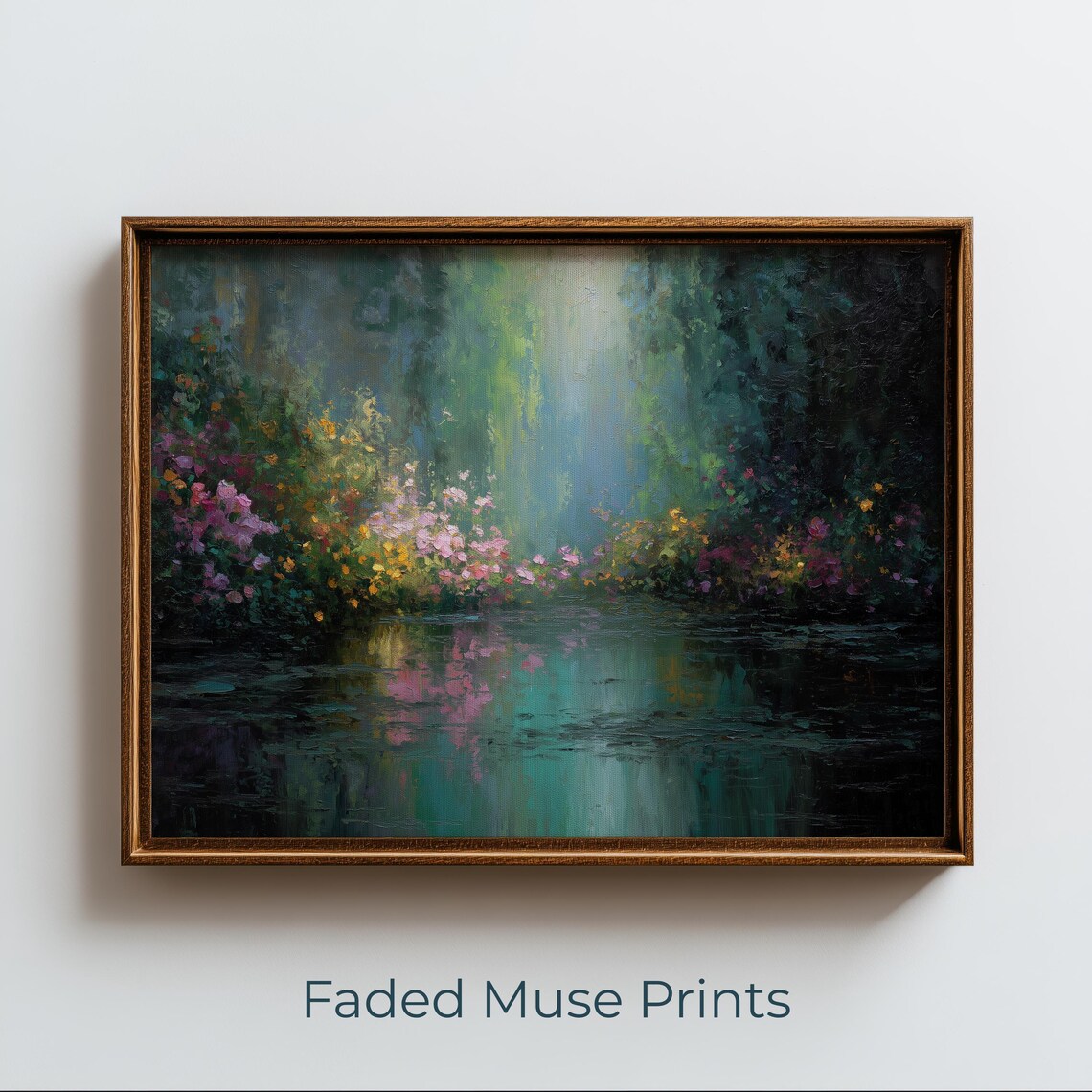Dark Moody Water Lily Pond Impressionist Floral Painting Poster