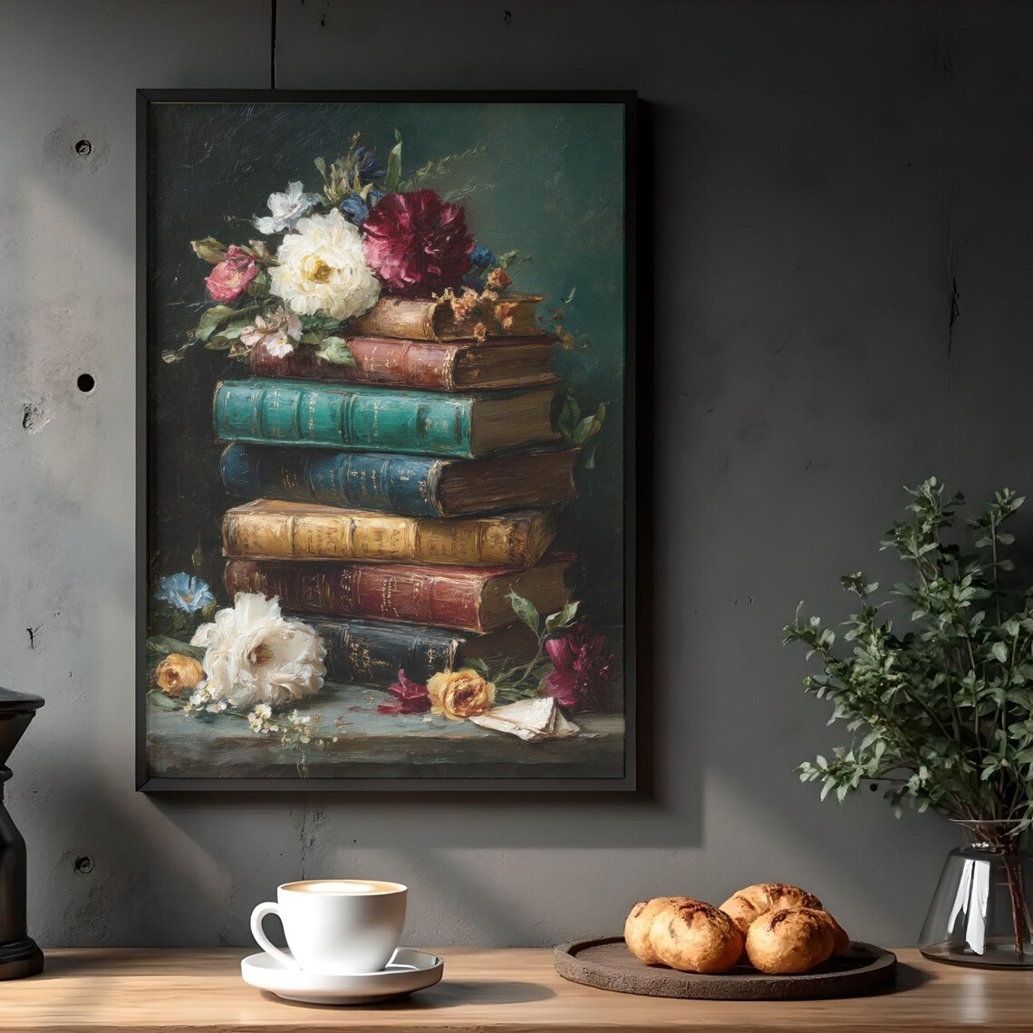 Dark Academia Floral Book Stack Art Print Vintage Library Instant Download