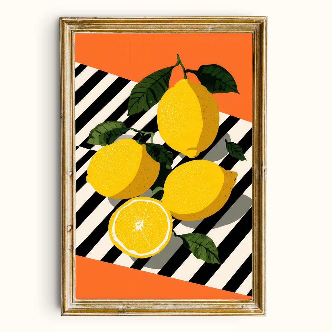 Vintage Lemon Citrus Still Life Bold Striped Orange Background Poster