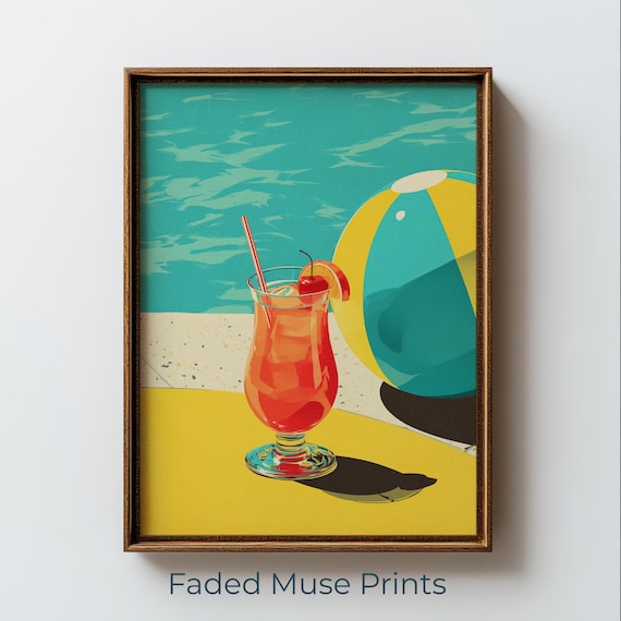 Retro Poolside Cocktail Print Tropical Summer Printable Wall Art Digital Download 2630