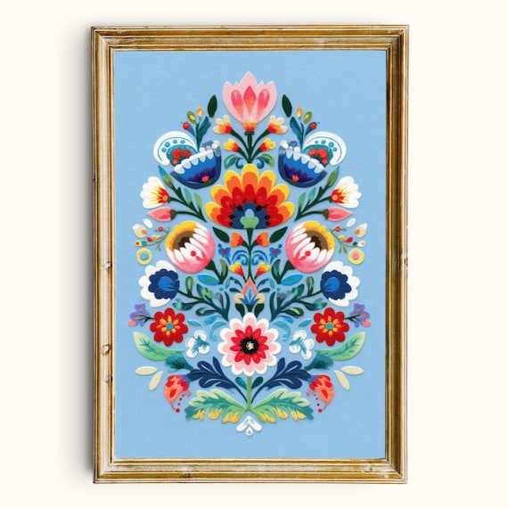 Colorful Folk Art Floral Bouquet Symmetrical Nordic Flower Poster