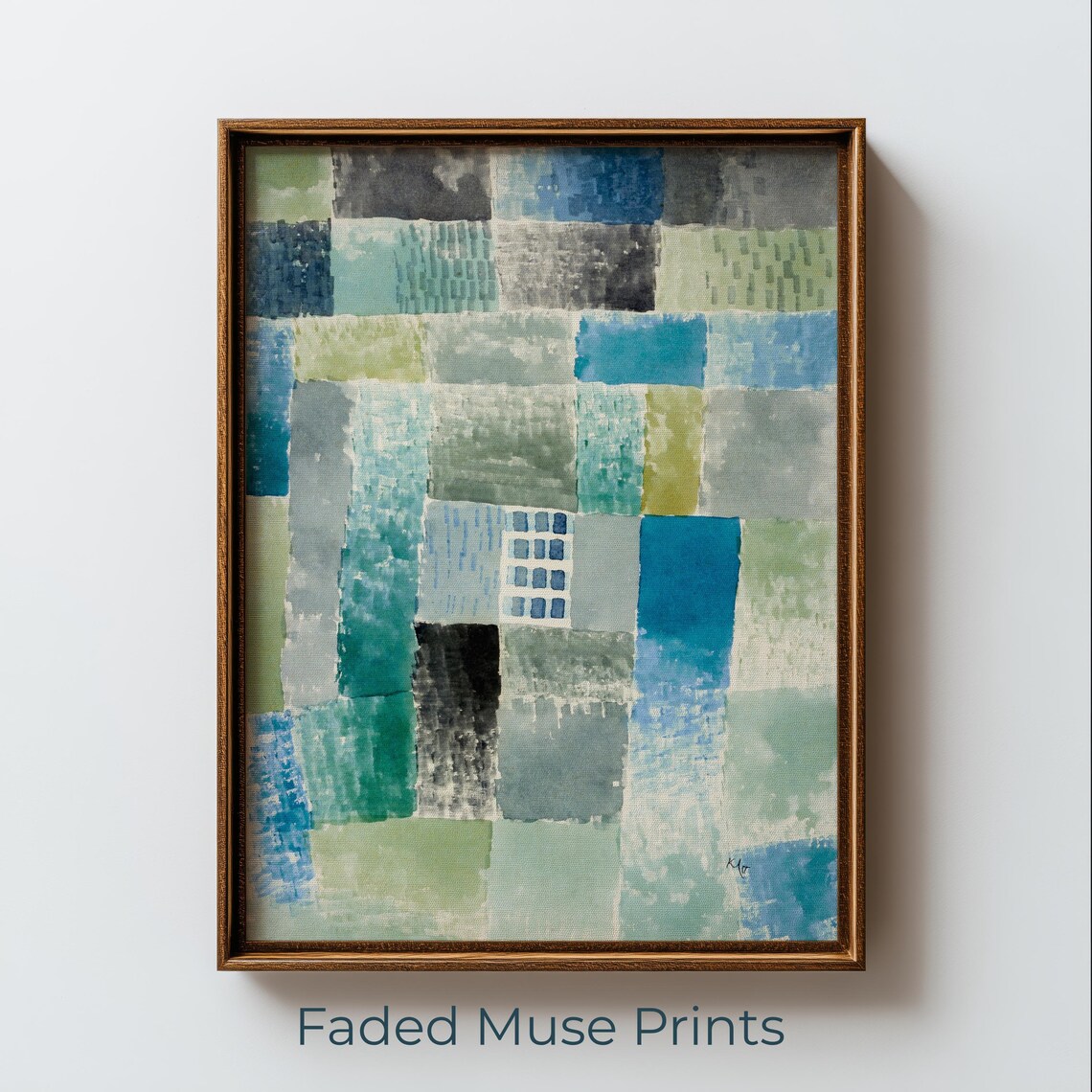 Coastal Blue Geometric Watercolor Squares Abstract Mosaic Art Print