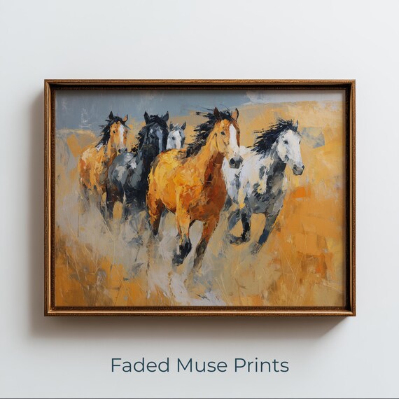 Wild Horses Galloping Rustic Western Landscape Printable Wall Art Digital Download 2777