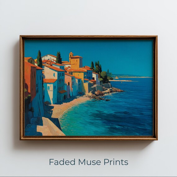 Vintage Italian Coastal Village Print Mediterranean Sea Printable Wall Art Digital Download 2815