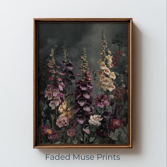 Dramatic Dark Foxglove Portrait Painting Moody Gothic Botanical Wall Art Digital Download 2435