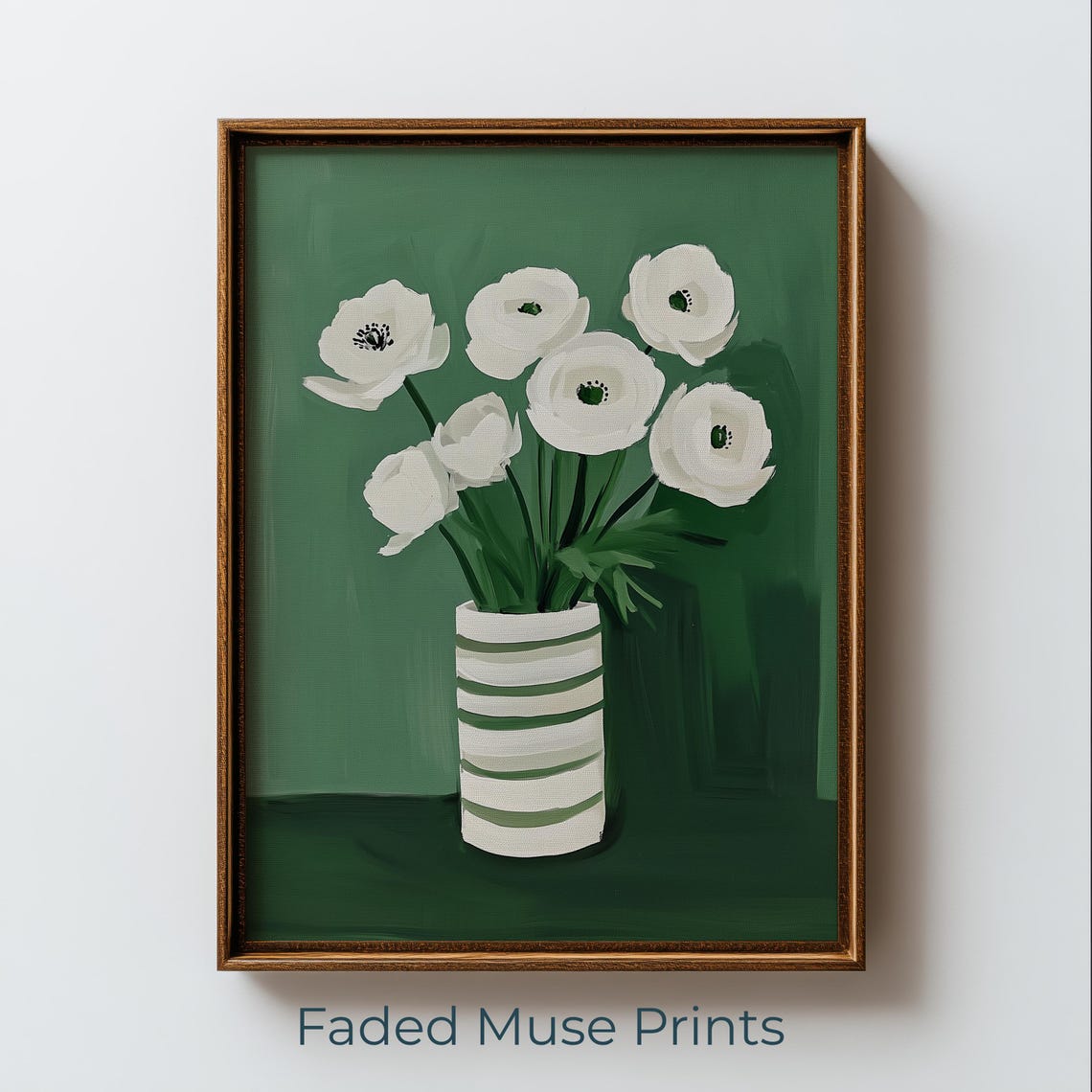 White Anemone Bouquet Striped Vase Green Modern Floral Art Print