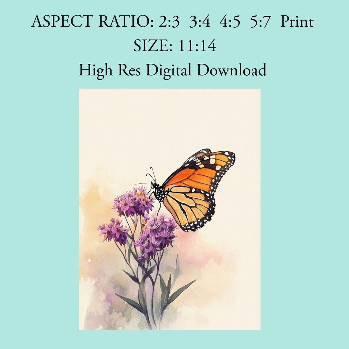 Monarch Butterfly Perched on Purple Flowers Watercolor Poster - Image 4