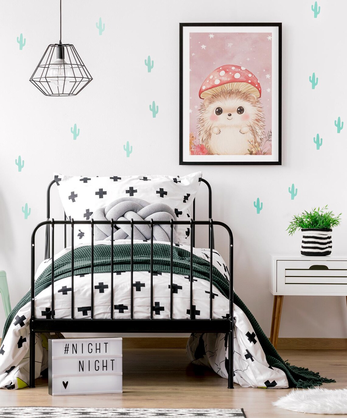 Adorable Hedgehog With Mushroom Hat Pink Starry Nursery Poster - Image 2