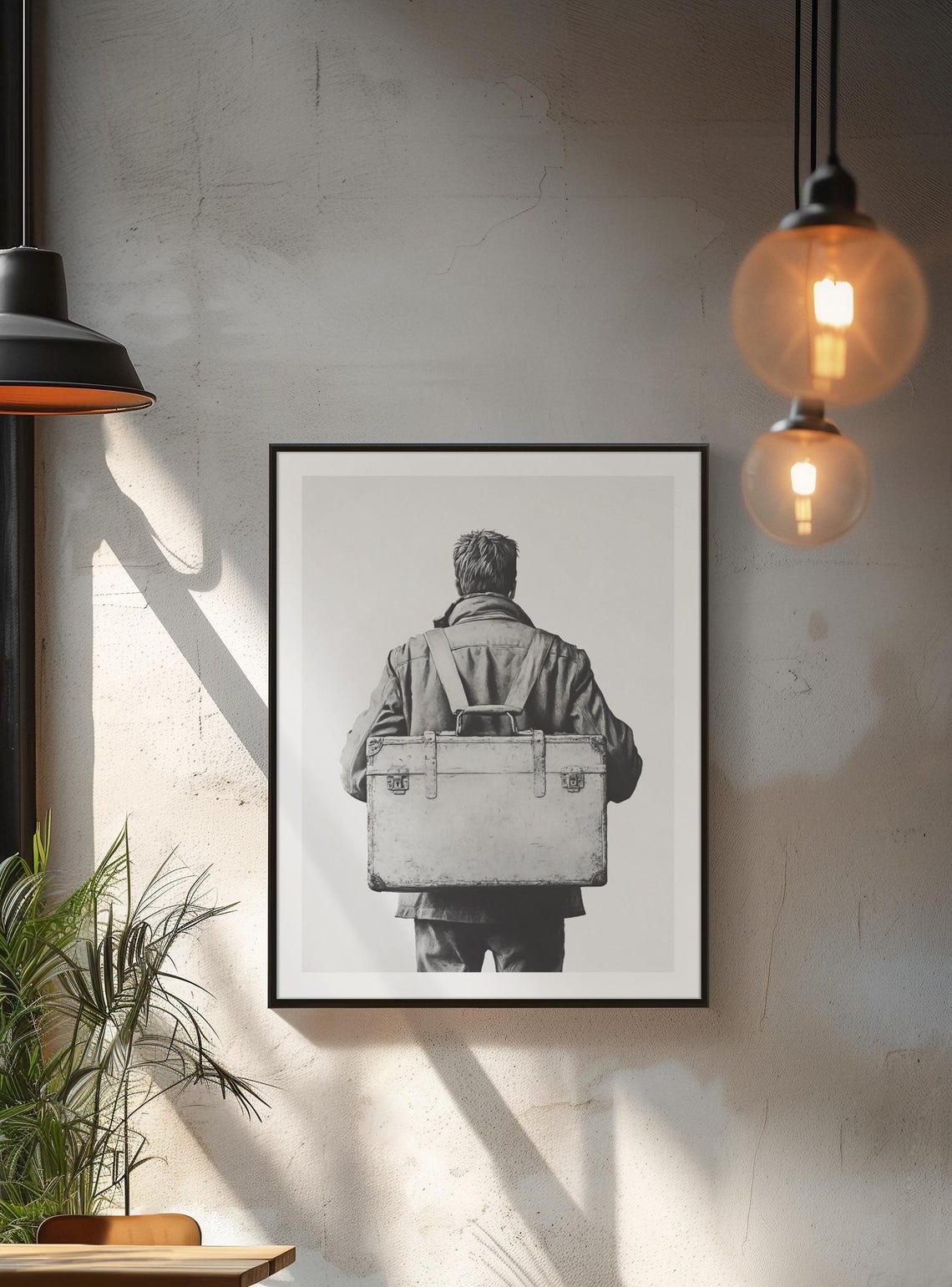Mysterious Traveler Walking Away With Vintage Suitcase Back Poster